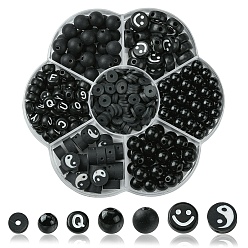 Черный Наборы для изготовления украшений из бисера своими руками, включая бусины из акрила и полимерной глины, чёрные, 6~10x6~10x1~7 мм, отверстие : 1~2.5 мм, 370 шт / коробка