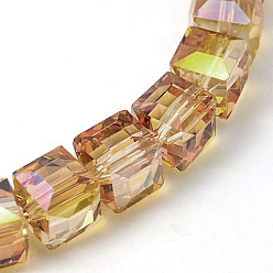 Оранжевый Гальванические стеклянные бусины, с покрытием цвета радуги, граненые, кубические, оранжевые, 9x9x9 мм, отверстие : 1 мм