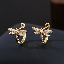 Golden Brass Micro Pave Cubic Zirconia Dragonfly Hoop Earrings for Women, Golden, 14x13mm