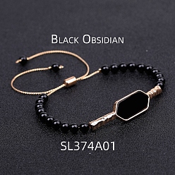 Obsidian Natural Obsidian Hexagon Link Bracelet, Braided Bead Adjustable Bracelet, 5-7/8~11 inch(15~28cm)