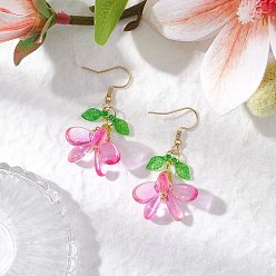 Фуксиновый 304 серьги с подвесками из стекла из нержавеющей стали, цветок, золотые, красно-фиолетовые, 45x24 мм