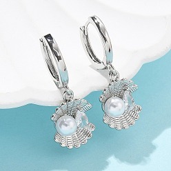 Платина Серьги-кольца из латуни в форме ракушки с микропаве из кубического циркония, с ABS имитации жемчуга, стойки покрытие, долговечный, без свинца и без кадмия, платина, 28.5x10.5 мм