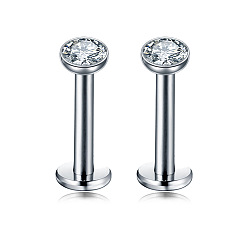 Нержавеющая Сталь Цвет Плоские круглые лабреты из нержавеющей стали с прозрачным кубическим цирконием и внутренней резьбой, 17 калибровочные пирсинг-гвоздики ювелирные изделия для женщин и мужчин, цвет нержавеющей стали, 8 мм, штифты : 1.2 мм