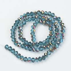 Dark Turquoise Electroplate Transparent Glass Beads Strands, Half Rose Gold Plated, Faceted, Rondelle, Dark Turquoise, 3x2mm, Hole: 0.8mm, about 150~155pcs/strand, 15~16 inch(38~40cm)