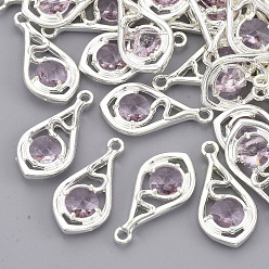 Бледно-Розовый Граненые подвески стекла, с настройками открытой спины из экологически чистого сплава, без никеля , слеза, серебряный цвет гальваническим, розовый жемчуг, 21x11x3.5 мм, отверстие : 1.6 мм