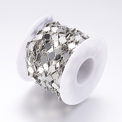 Platinum Rack Plating Brass Handmade Chains, Unwelded, with Spool, Rhombus, Platinum, 6x8.5x0.4mm, about 32.8 Feet(10m)/roll