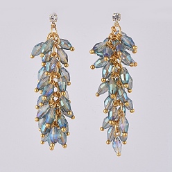 Dark Cyan Electroplate Glass Cluster Beads Dangle Stud Earrings, with Brass Cubic Zirconia Stud Earring Findings and Ear Nuts, Earring Backs, Real 18K Gold Plated, Dark Cyan, 55mm, Pin: 0.7mm
