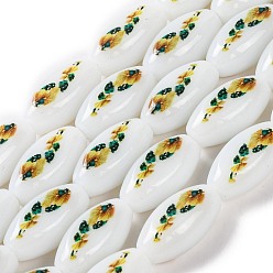 Белый Печать стеклянных овальных бусин для изготовления ожерелья и браслетов, цветок, белые, 19x10x8 мм, отверстие : 1.5 мм, около 16 шт / нитка, 12.05'' (30.6 см)