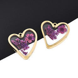 Фиолетовый 304 подвески из нержавеющей стали с эпоксидной смолой, Сердце с высушенным цветком, ионное покрытие (ip), реальный 18 k позолоченный, фиолетовые, 22.5x22x3 мм, отверстие : 1.6 мм