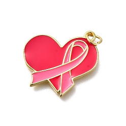 Сердце Октябрь рак груди розовая лента осведомленности латунные эмалевые подвески, с целью перехода в кольце, реальный 18 k позолоченный, сердце, 19x22x2 мм, отверстие : 3.5 мм