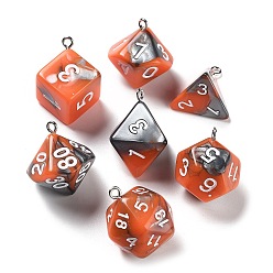 Dark Orange 7Pcs 7 Styles Opaque Resin Polyhedral Dice Pendants Set, Multi-Sided Dice Charms with Platinum Plated Iron Loops, Mixed Shapes, Dark Orange, 20~28x19~24x17~24mm, Hole: 2mm, 1pc/style