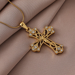 Золотой Винтажные 316 подвески из хирургической нержавеющей стали с прозрачным стеклом в виде креста Иисуса для женщин и мужчин, золотые, 15.75 дюйм (40 см)