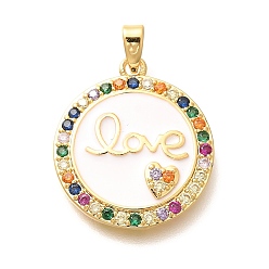 Слово Латунные подвески с микропаве из прозрачного кубического циркония, плоские круглые прелести, с эмалью, реальный 18 k позолоченный, стойки покрытие, без свинца и без кадмия, любить, 21.05x19x3 мм, отверстие : 5x3 мм
