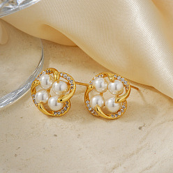 Золотой Серьги-гвоздики в виде цветка из латуни, с имитацией жемчуга и кубическим цирконием, золотые, 16x16x5 мм