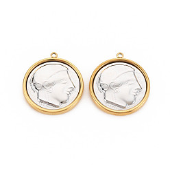 Golden Ion Plating(IP) 304 Stainless Steel Pendants, Flat Round, Golden, 27x24.5x3.5mm, Hole: 1.8mm