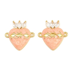 Light Salmon Brass Pave Clear Cubic Zirconia Connector Charms, Sacred Heart Links, with Enamel, Long-Lasting Plated, Rack Plating, Cadmium Free & Lead Free, Golden, Light Salmon, 22.5x22x5mm, Hole: 1.8mm