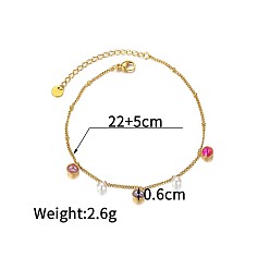 Разноцветный Богемный стиль 304 браслеты на лодыжку из нержавеющей стали с инкрустацией кубическим цирконием, плоскими круглыми подвесками и круглыми белыми пластиковыми жемчужинами, реальный 18 k позолоченный, красочный, 8-5/8 дюйм (220 мм)