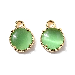 Зеленый Плоские круглые латунные подвески, с кошачий глаз, без никеля , реальный 18 k позолоченный, зелёные, 9x7x3.5 мм, отверстие : 1.2 мм