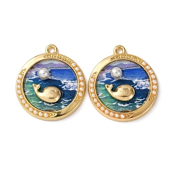 Разноцветный Печатные подвески сплава, плоские круглые и китовые подвески, с ABS имитации жемчуга, стойки покрытие, красочный, 27.5x24.5x4 мм, отверстие : 1.8 мм