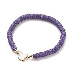 Indigo Polymer Clay Heishi Beads Stretch Bracelets, with Natural White Shell Links and Brass Beads, Butterfly, Golden, Indigo, Inner Diameter: 2-1/8 inch(5.3cm)