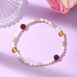 (52) Непрозрачная лаванда Эластичные браслеты для женщин из натурального культивированного пресноводного жемчуга и янтаря., картофель и рис, С немагнитным синтетическим гематитом, разноцветные, бусины : 4.5x4 мм, внутренний диаметр: 2.05 дюйм (5.2 см)