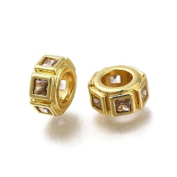Настоящее золото 18K Латунь микропаве прозрачный кубический цирконий европейский бисер, плоско-круглые, бусины с большим отверстием, долговечный, стойки покрытие, без свинца и без кадмия, реальный 18 k позолоченный, 8.5x5 мм, отверстие : 4.5 мм