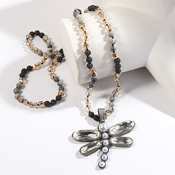 Лавовый камень Подвеска в виде стрекозы из искусственного жемчуга из сплава, стеклянные и натуральные лавовые камни, круглые бусины для женщин, античное серебро, 33.86~34.65 дюйм (86~88 см)