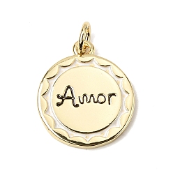 Настоящее золото 18K Латунь эмаль подвески, плоские круглые подвески со словом «амор», долговечный, стойки покрытие, без свинца и без кадмия, реальный 18 k позолоченный, 18x15.5x2 мм, Перейти кольцо: 4.5x1 мм, внутренний диаметр: 2 мм