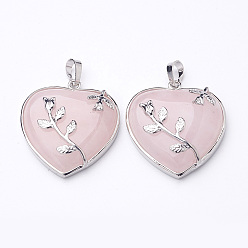 Розовый Кварц Сердце природного розового кварца подвески, подвеска из латуни с платиновым покрытием, 36x31~33 мм, отверстие : 6 мм