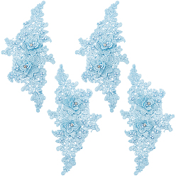 Синий 2 Пары полиэстеровых вышитых аксессуаров для костюмов, аппликация патч, швейные украшения, со стразами и искусственным жемчугом, цветок, синие, 260x130x6 мм