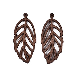 Седло Коричневый Большие подвески из натурального дерева тополь, окрашенные, лист, седло коричневый, 60x25.5x2 мм, отверстие : 1.8 мм