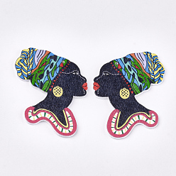 Colorful Left and Right Printed Wooden Big Pendants, Dyed, Girl, Colorful, 55x50x2.5mm, Hole: 1.8mm