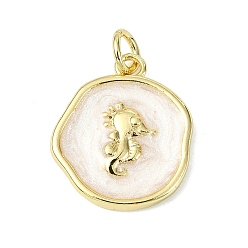 Настоящее золото 18K Подвески из латуни и эмали на тему океана, плоский круг с подвесками в виде морского конька, долговечный, стойки покрытие, без свинца и без кадмия, реальный 18 k позолоченный, 17.5x15x2.5 мм, отверстие : 3.5 мм
