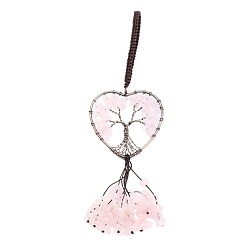 Rose Quartz Wire Wrapped Chips Natural Rose Quartz Big Pendant Decorations, with Red Copper Plated Brass Wires and Nylon Cord, Heart with Tree of Life, 160mm
