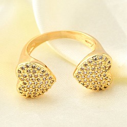 Настоящее золото 18K Открытые манжеты из латуни с микропаве и цирконием для женщин, без кадмия, без никеля и без свинца, сердце, реальный 18 k позолоченный, 11 мм, внутренний диаметр: 18 мм