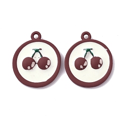 Floral White Alloy Enamel Pendant, Flat Round with Cherry, Floral White, 21x18x3.5mm, Hole: 1.5mm