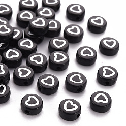 Black Opaque Black Acrylic Beads, Flat Round with White Heart, 7.5x4mm, Hole: 1.5mm, about 3600pcs/500g