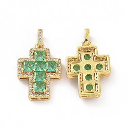 Spring Green Brass Micro Pave Clear Cubic Zirconia Pendants, Cross, Religion, Spring Green, 24x17x5mm, Hole: 3.5x5~5.5mm