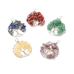 Mixed Stone Natural Gmestone Big Pendants, Twisted with Platinum Tone Copper Wire, Mixed Dyed and Undyed, Flat Round with Tree of Life, 53~55x42.5x10.5mm, Hole: 5.5~6mm