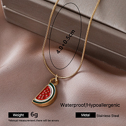 Pastèque Collier vintage pour femme, pendentif en acier inoxydable émaillé rouge et chaîne serpent ronde, or, pastèque, 304 pouce (15.75 cm)