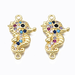 Разноцветный Соединители из латуни с микропаве и кубическим цирконием, без никеля , реальный 16 k позолоченный, морской конек, красочный, 23.5x13x3 мм, отверстие : 1.4 мм