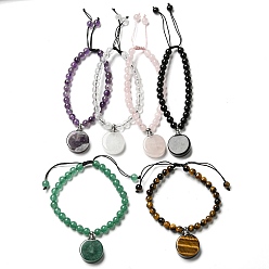 Плоский Круглый Браслет-подвеска из натуральных смешанных камней, плетеный регулируемый браслет, плоско-круглые, внутренний диаметр: 2-1/4~3-1/4 дюйм (5.75~8.35 см)