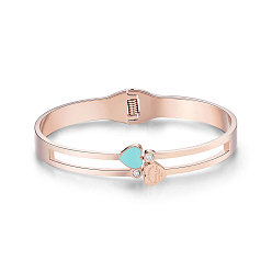 Rose Gold Chic Stainless Steel Bangle, with Enamel Heart and Cubic Zirconia, Rose Gold, 60mm