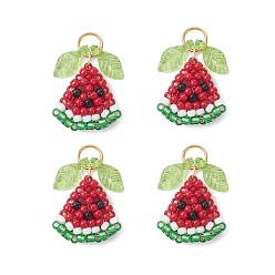 Красный Подвески-арбузы из стеклянных бусин с треугольным плетением, с прозрачными акриловыми листьями и 304 соединительными кольцами из нержавеющей стали, золотые, красные, 15.5x16x5 мм, отверстие : 5 мм