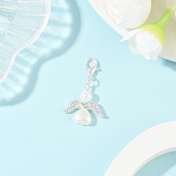 Серебро Пластиковый жемчужный ангел-подвеска в форме сердца, Сплав с застежками когтя омара, серебряные, 35 мм