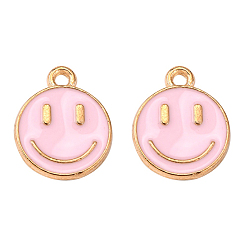 Pearl Pink Alloy Enamel Charms, Cadmium Free & Lead Free, Smiling Face, Light Gold, Pearl Pink, 14.5x12x1.5mm, Hole: 1.5mm