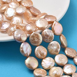 Персиковый Слойка Натуральный жемчуг в стиле барокко кеши, культивированный пресноводный жемчуг, плоско-круглые, класс 4, розовые, 12~14x5~7 мм, отверстие : 0.8 мм, около 24~26 шт / нитка, 14.80~15.83'' (40.2 см)