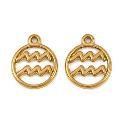 Aquarius 304 Stainless Steel Pendants, Round with Twelve Zodiac Signs Charms, Ion Plating(IP), Cut-Out, Golden, Aquarius, 19x15.5x2mm, Hole: 1.5mm