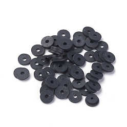 Black Flat Round Eco-Friendly Handmade Polymer Clay Beads, Disc Heishi Beads for Hawaiian Earring Bracelet Necklace Jewelry Making, Black, 8x0.5~1mm, Hole: 2mm, about 380~400pcs/strand, 17.7 inch