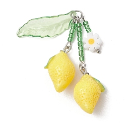 Лимон Крупные подвески ручной работы из стекла, бисера и смолы, изготовленные методом выдувания стекла и стекла., фрукты с цветочными подвесками, цвет нержавеющей стали, лимон, 50 мм, отверстие : 3.5 мм